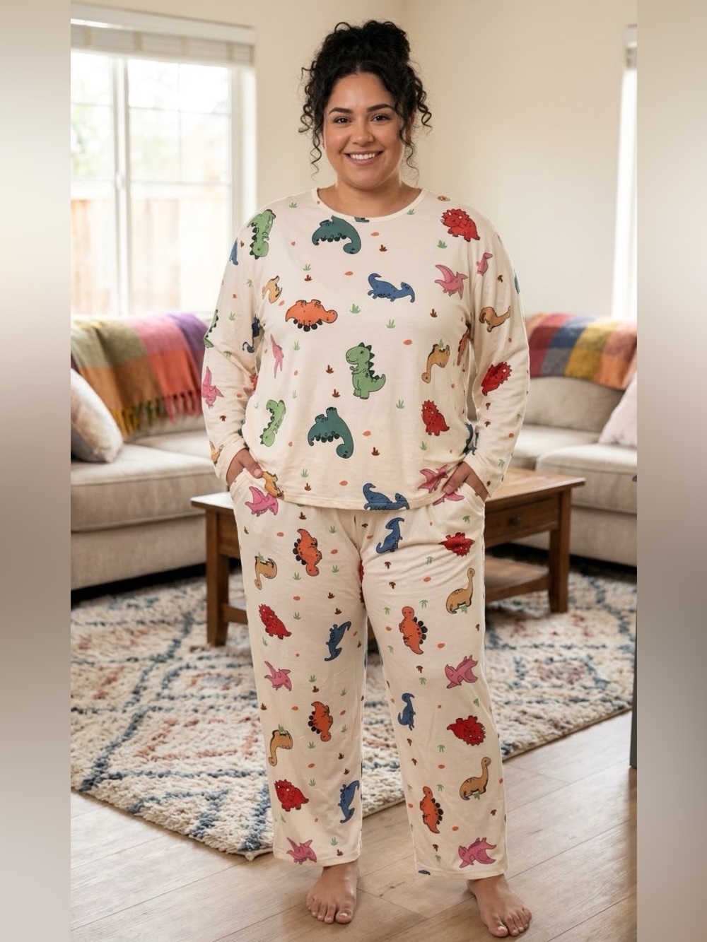 Plus Size Cream Dino Print Kids Pajama Set - Soft All-Over Dinosaur Sleepwear